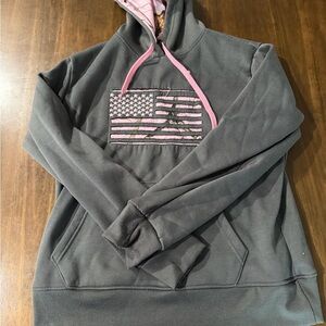 Mossy Oak Gray and Pink Hoodie with Flag Design
